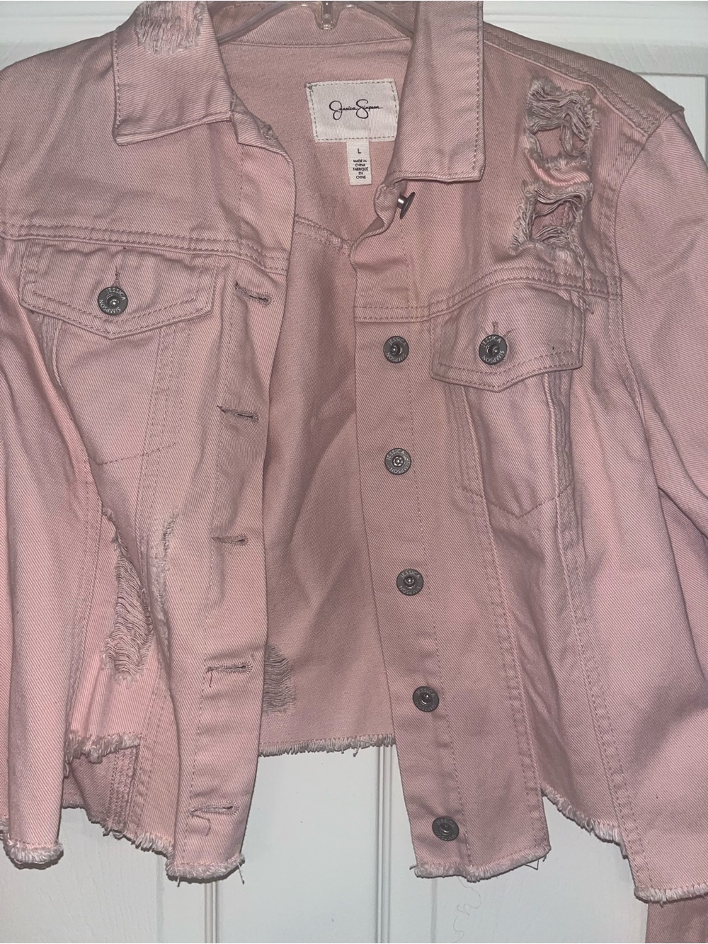 Jessica Simpson Pink Distressed Cropped Denim Jacket